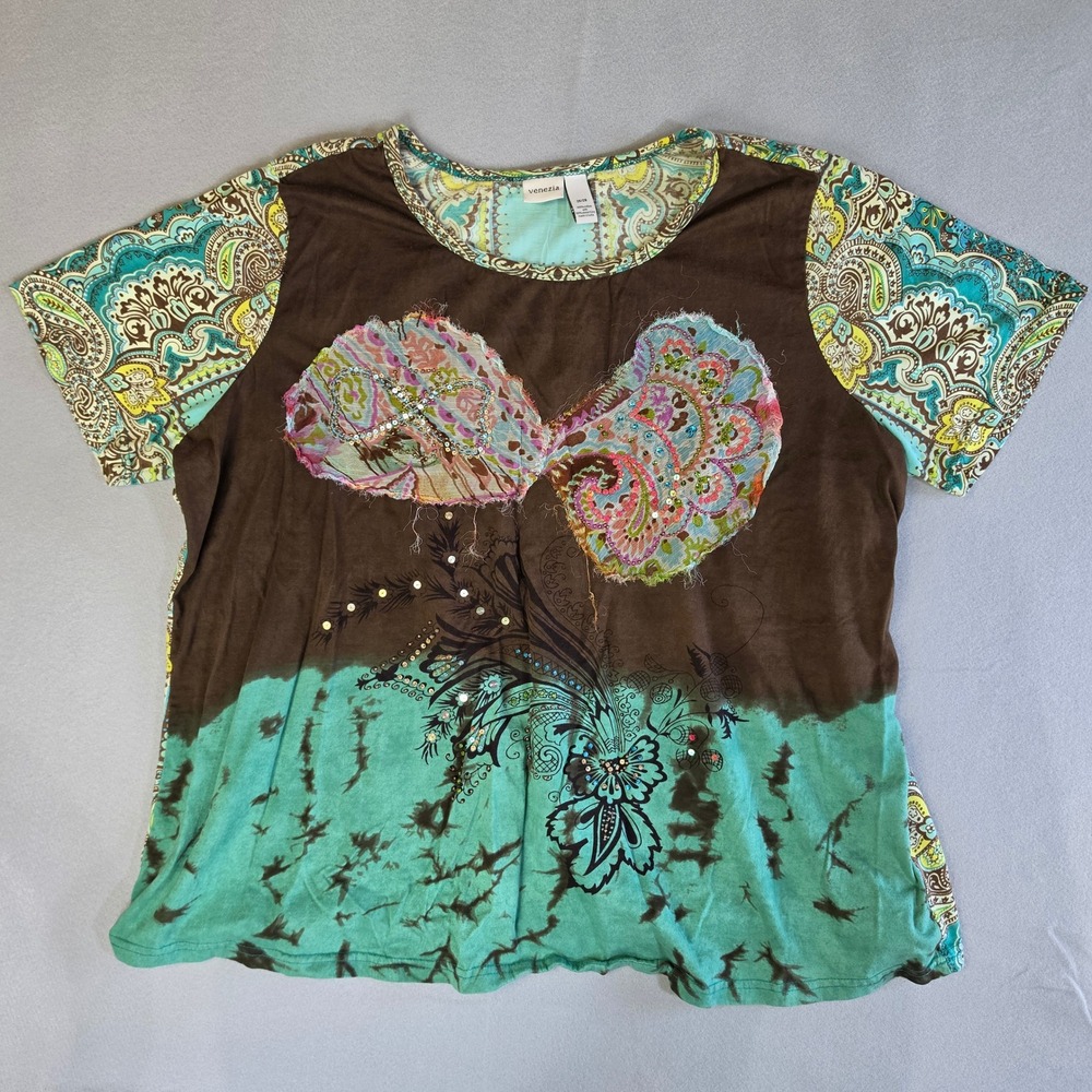 Venezia Plus 26 28 Boho Whimsigoth Sequin Mixed Print Top Y2K Eclectic Artsy Tee